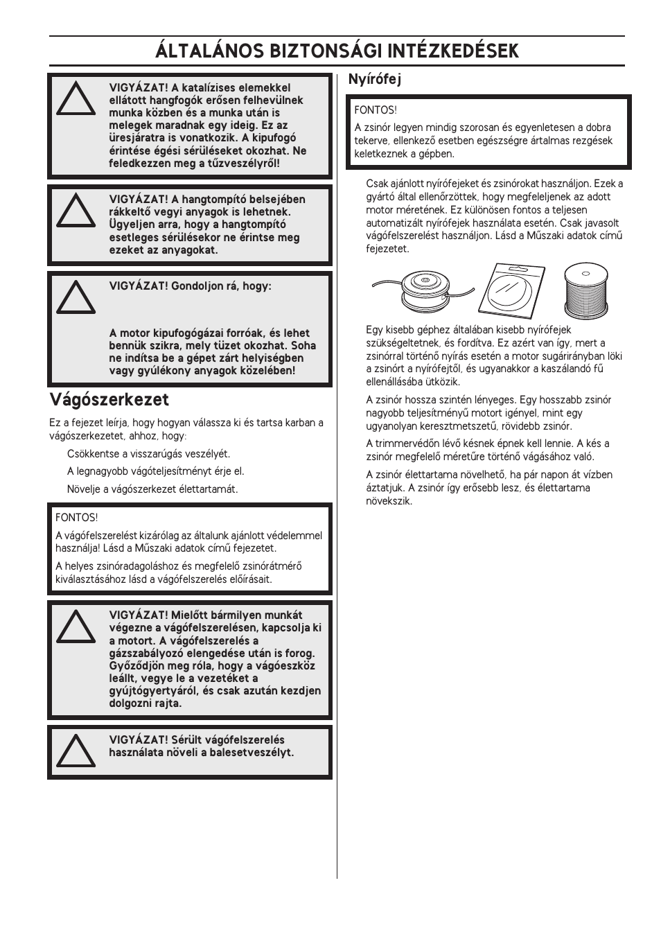 Vágószerkezet, Nyírófej, Általános biztonsági intézkedések | Husqvarna 122LD User Manual | Page 349 / 642