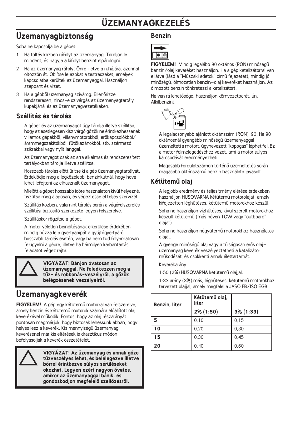 Üzemanyagbiztonság, Szállitás és tárolás, Üzemanyagkeverék | Benzin, Kétütemı olaj, Üzemanyagkezelés | Husqvarna 122LD User Manual | Page 352 / 642