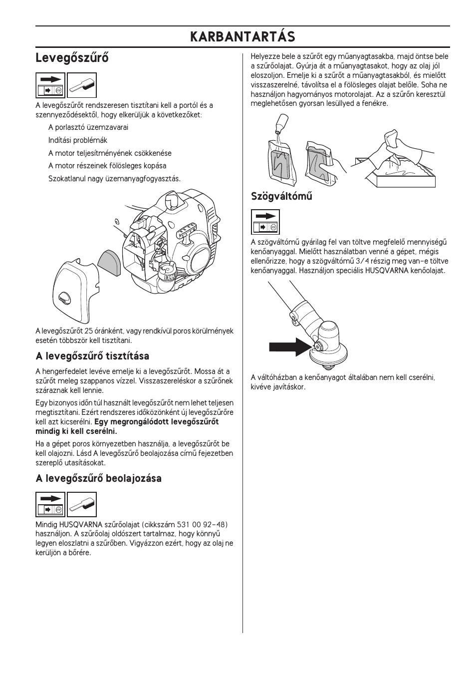 Levegœszırœ, A levegœszırœ tisztítása, A levegœszırœ beolajozása | Szögváltómı, Karbantartás | Husqvarna 122LD User Manual | Page 359 / 642