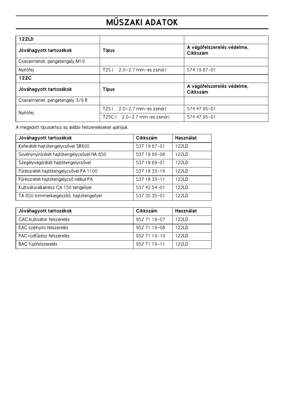 Mùszaki adatok | Husqvarna 122LD User Manual | Page 362 / 642