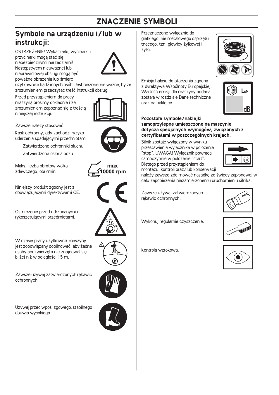 Symbole na urzàdzeniu i/lub w instrukcji, Znaczenie symboli | Husqvarna 122LD User Manual | Page 364 / 642