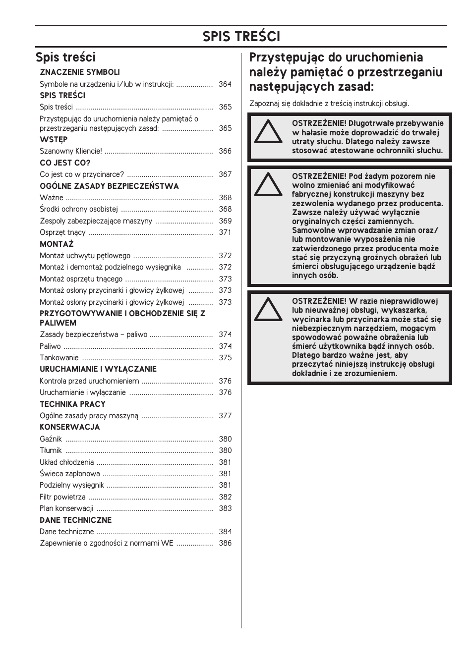 Spis treêci, Spis treâci | Husqvarna 122LD User Manual | Page 365 / 642