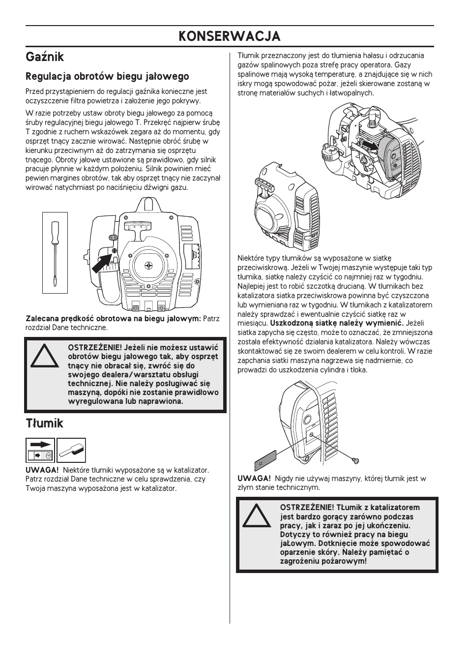 Gaênik, Regulacja obrotów biegu ja¸owego, T¸umik | Konserwacja, T∏umik | Husqvarna 122LD User Manual | Page 380 / 642