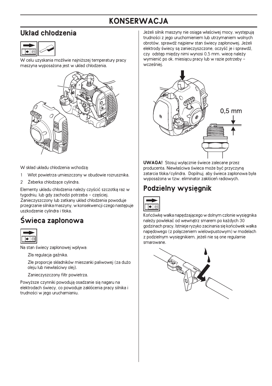 Uk¸ad ch¸odzenia, Âwieca zap¸onowa, Podzielny wysi´gnik | Konserwacja, Uk∏ad ch∏odzenia, Âwieca zap∏onowa | Husqvarna 122LD User Manual | Page 381 / 642