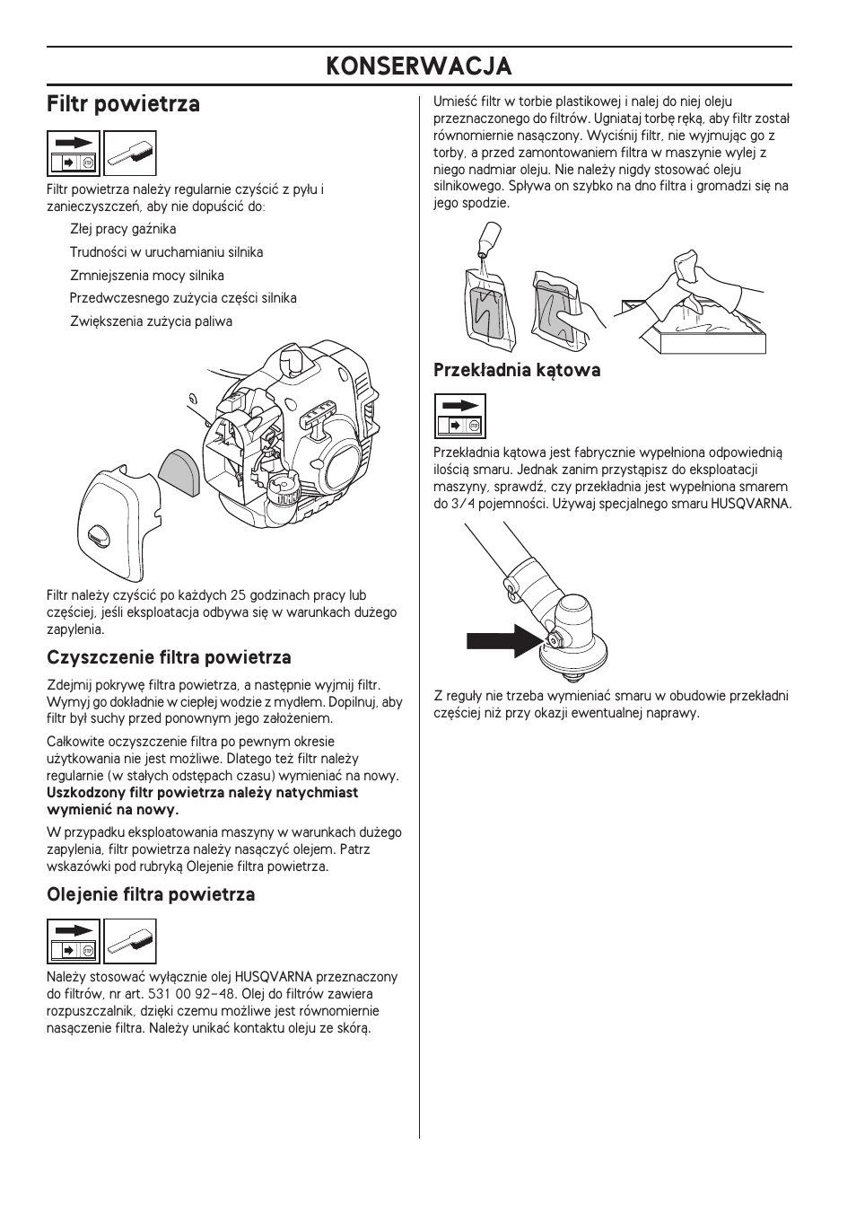 Filtr powietrza, Czyszczenie filtra powietrza, Olejenie filtra powietrza | Przek¸adnia kàtowa, Konserwacja, Przek∏adnia kàtowa | Husqvarna 122LD User Manual | Page 382 / 642
