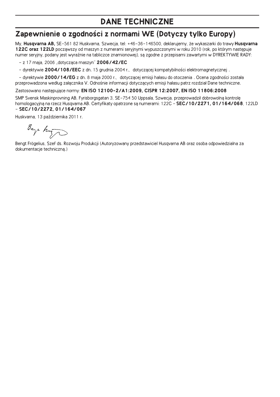 Dane techniczne | Husqvarna 122LD User Manual | Page 386 / 642