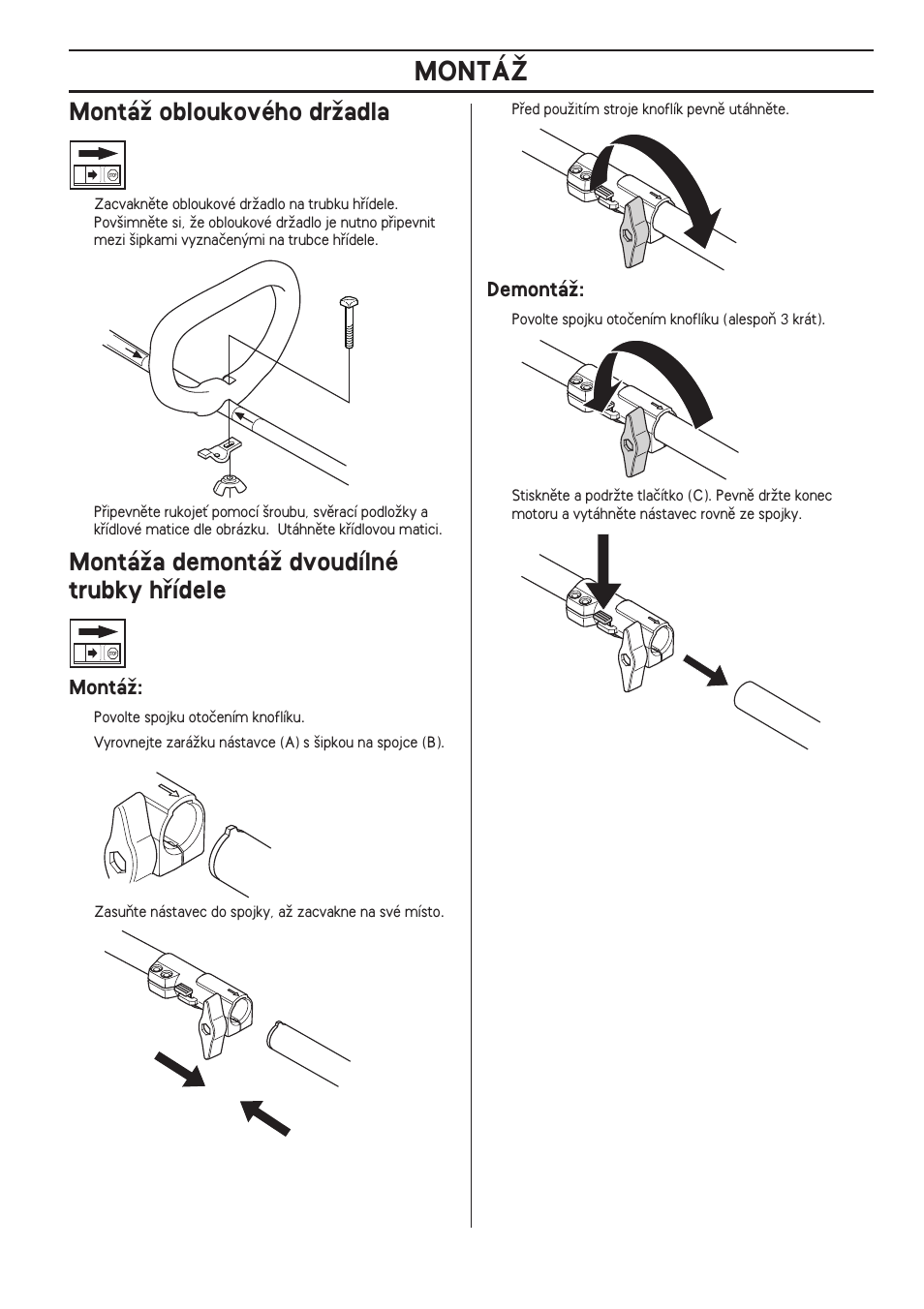 Montáï obloukového drïadla, Montáïa demontáï dvoudílné trubky hﬁídele, Montáï | Demontáï, Montáî | Husqvarna 122LD User Manual | Page 395 / 642