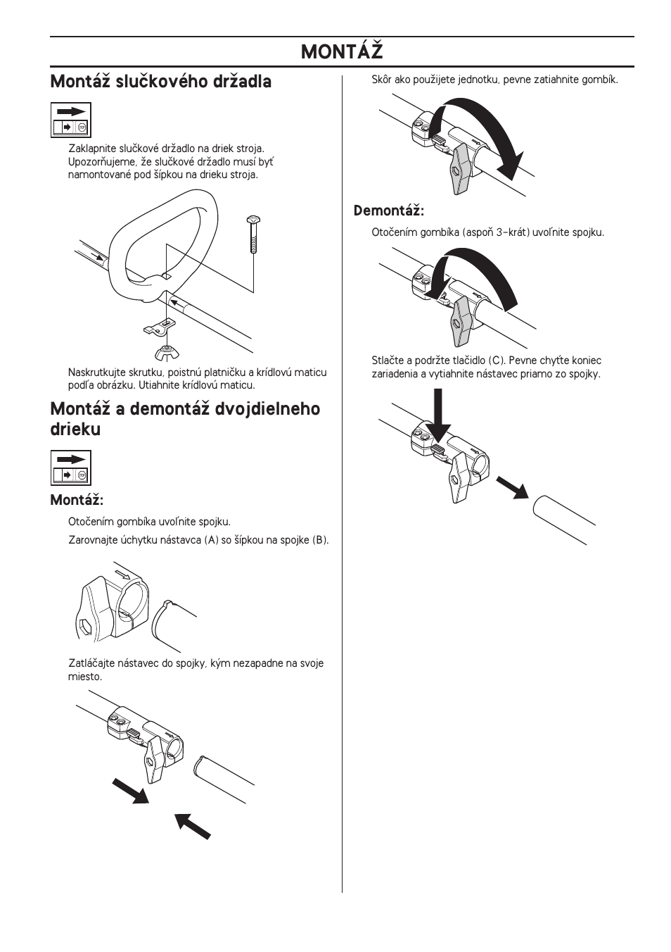 Montáï sluãkového drïadla, Montáï a demontáï dvojdielneho drieku, Montáï | Demontáï, Montáî | Husqvarna 122LD User Manual | Page 417 / 642