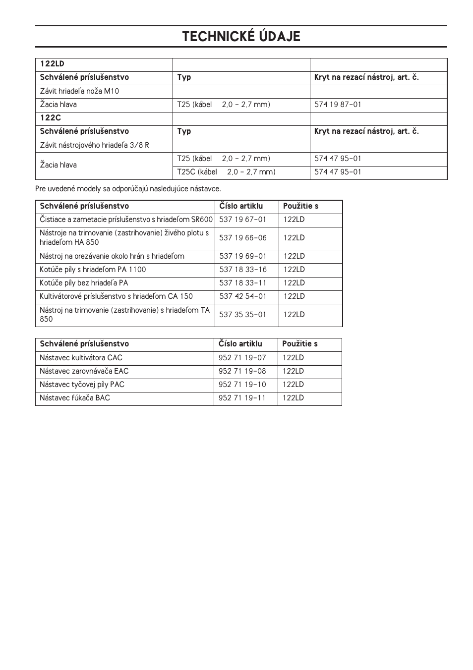 Technické údaje | Husqvarna 122LD User Manual | Page 429 / 642