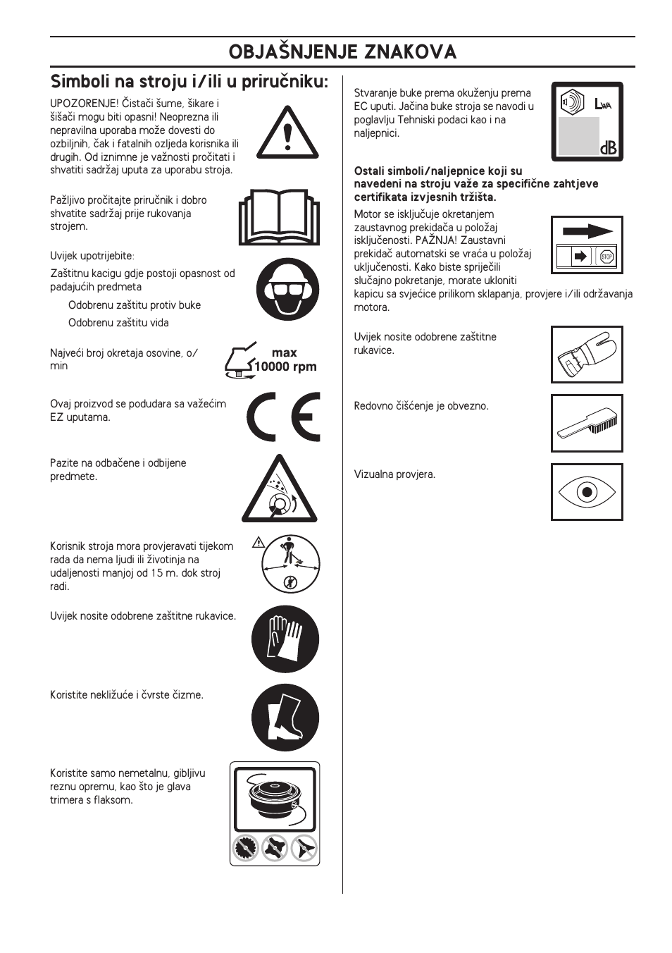 Simboli na stroju i/ili u priruãniku, Obja·njenje znakova | Husqvarna 122LD User Manual | Page 431 / 642