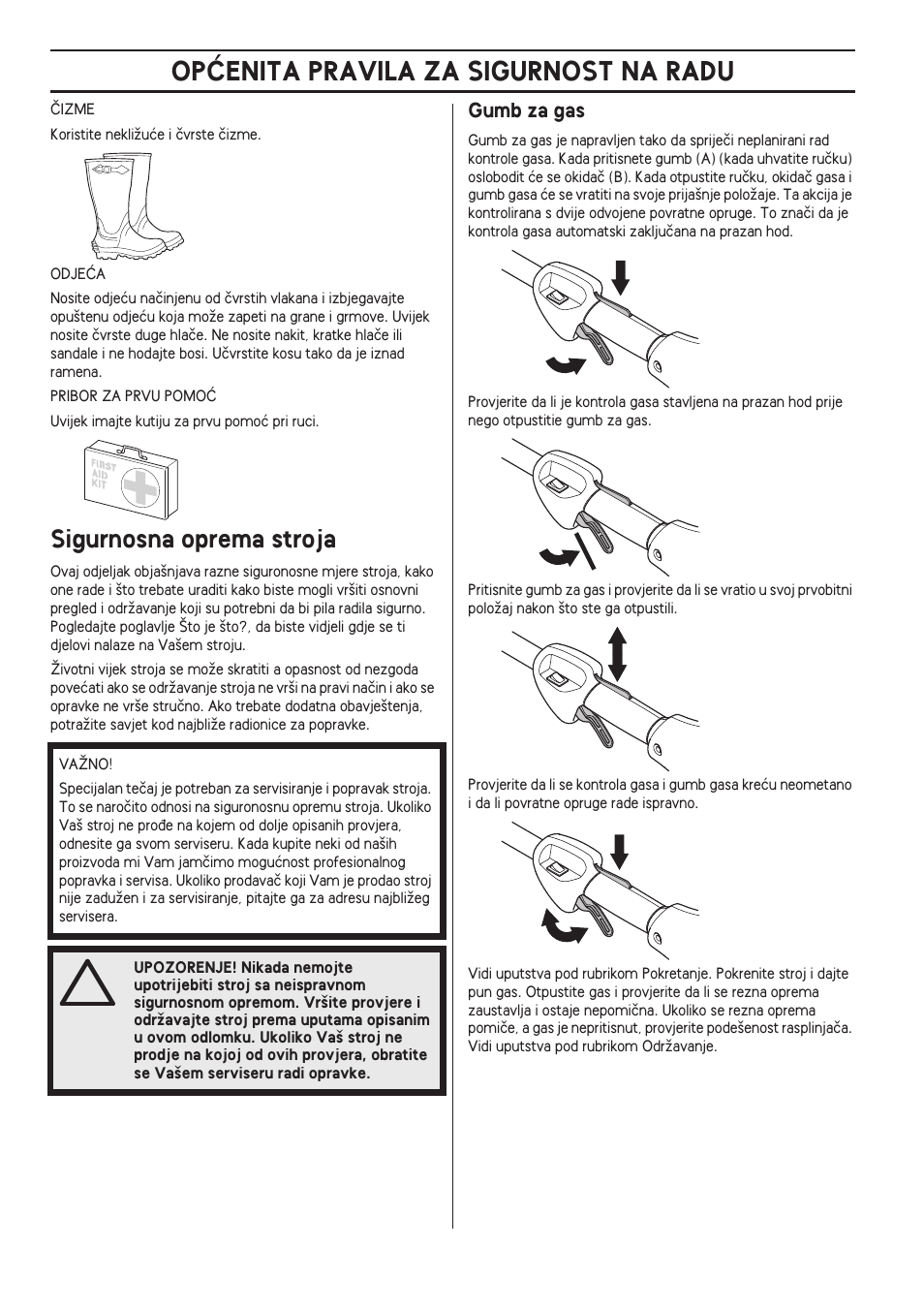 Sigurnosna oprema stroja, Gumb za gas, Opåenita pravila za sigurnost na radu | Husqvarna 122LD User Manual | Page 436 / 642