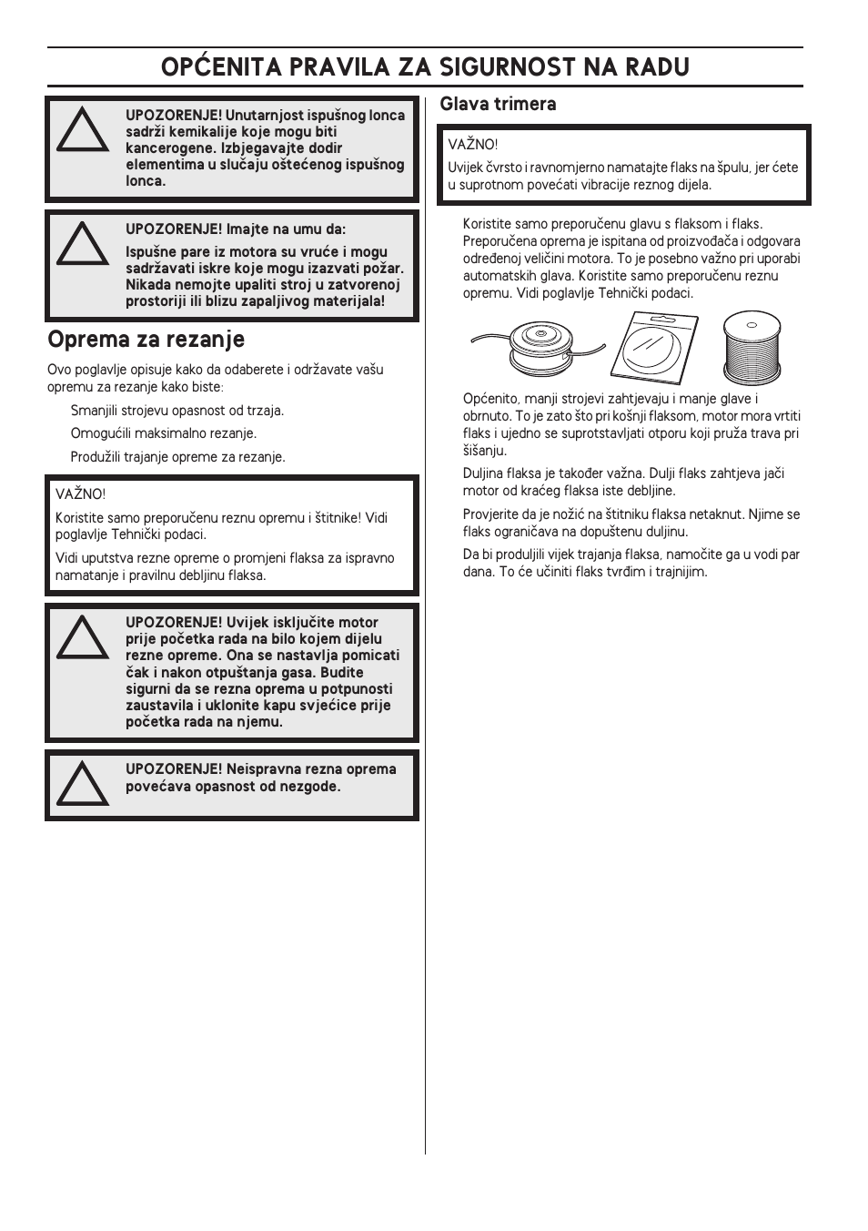 Oprema za rezanje, Glava trimera, Opåenita pravila za sigurnost na radu | Husqvarna 122LD User Manual | Page 438 / 642