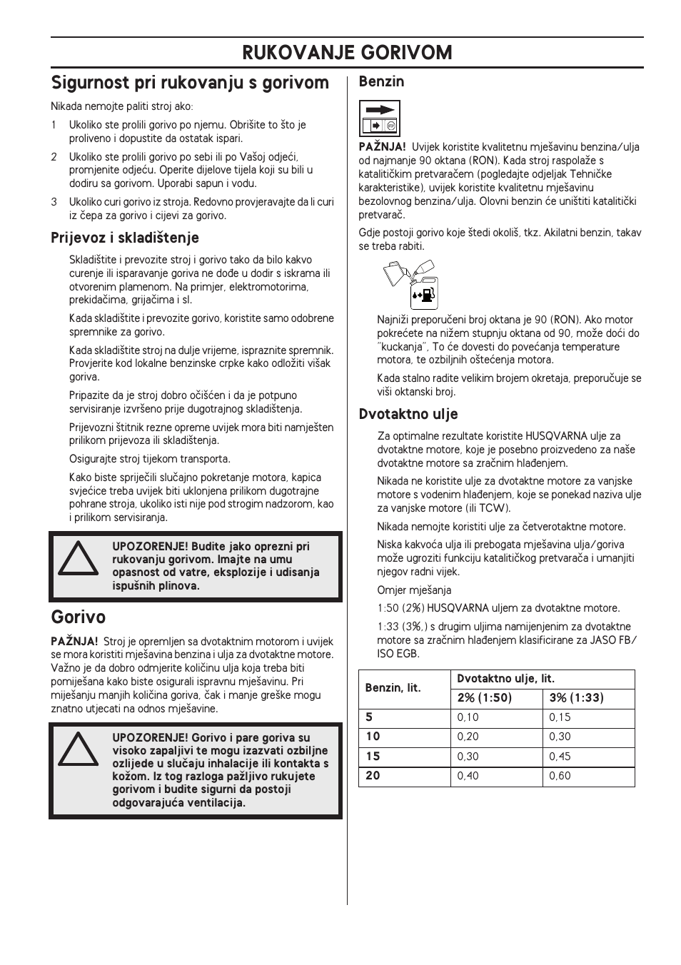 Sigurnost pri rukovanju s gorivom, Prijevoz i skladi‰tenje, Gorivo | Benzin, Dvotaktno ulje, Rukovanje gorivom | Husqvarna 122LD User Manual | Page 441 / 642