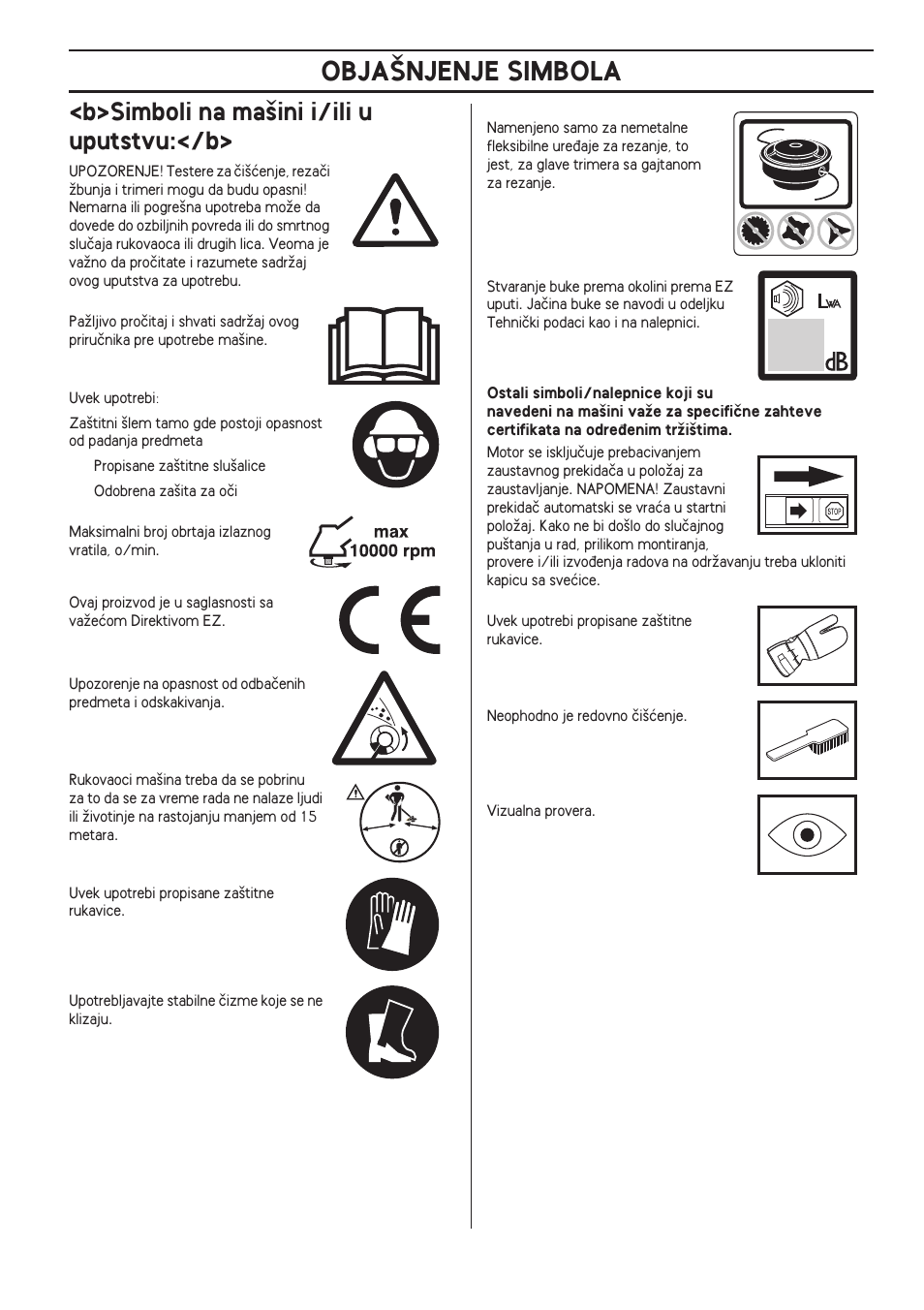 B>simboli na ma‰ini i/ili u uputstvu:</b, Obja·njenje simbola | Husqvarna 122LD User Manual | Page 453 / 642