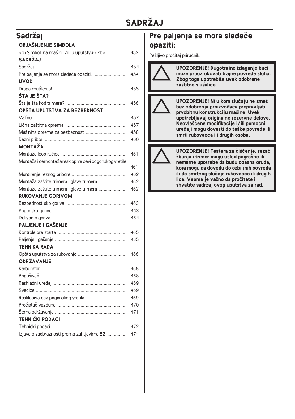 Sadrïaj, Pre paljenja se mora sledeãe opaziti, Sadrîaj | Sadrïaj pre paljenja se mora sledeãe opaziti | Husqvarna 122LD User Manual | Page 454 / 642