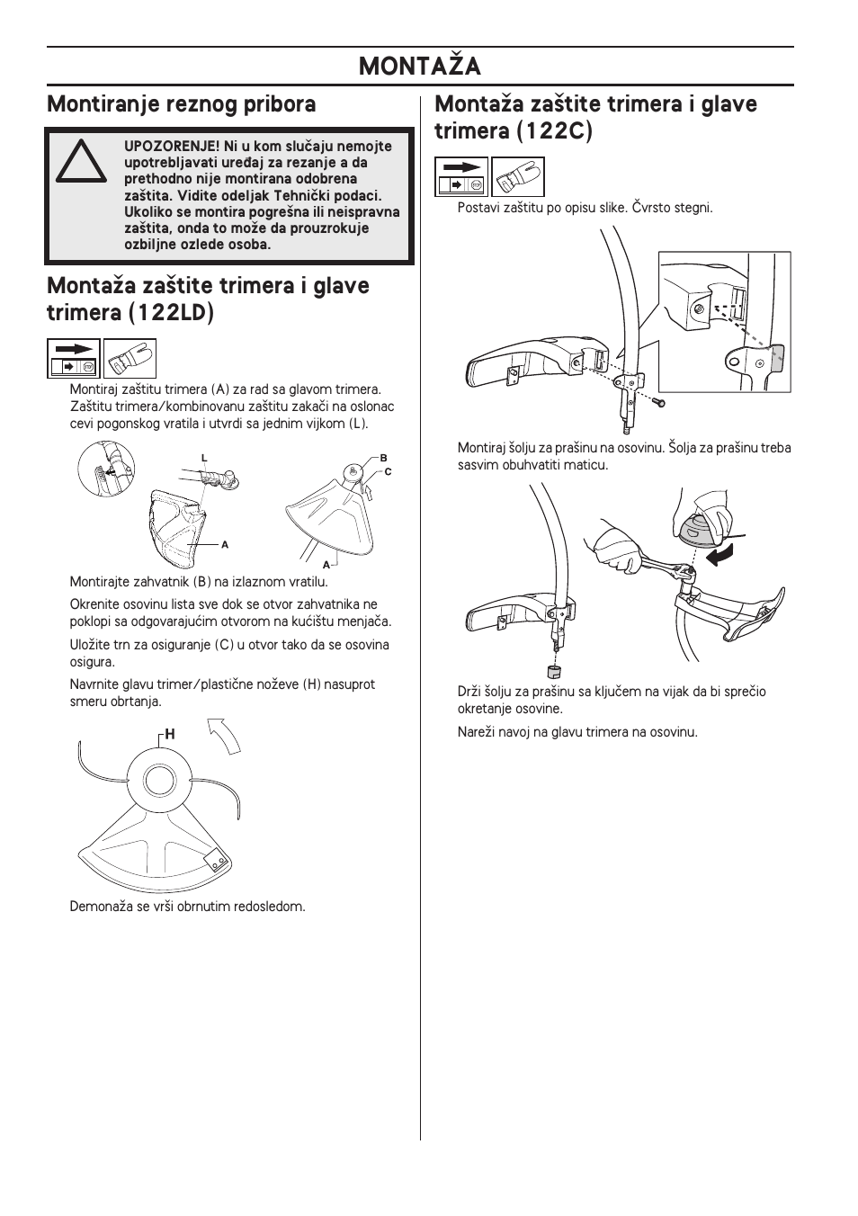 Montiranje reznog pribora, Montaïa za‰tite trimera i glave trimera (122ld), Montaïa za‰tite trimera i glave trimera (122c) | Montaîa | Husqvarna 122LD User Manual | Page 462 / 642