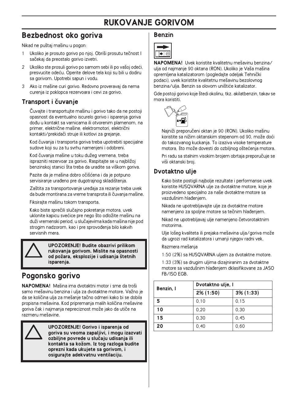 Bezbednost oko goriva, Transport i ãuvanje, Pogonsko gorivo | Benzin, Dvotaktno ulje, Rukovanje gorivom | Husqvarna 122LD User Manual | Page 463 / 642