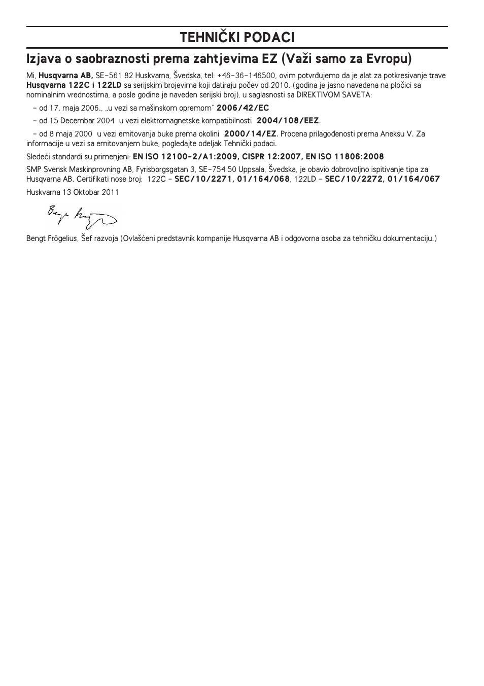 Tehniâki podaci | Husqvarna 122LD User Manual | Page 474 / 642