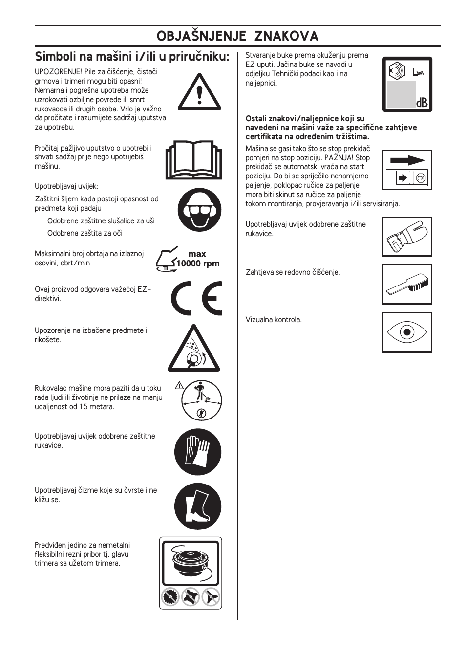 Simboli na ma‰ini i/ili u priruãniku, Obja·njenje znakova | Husqvarna 122LD User Manual | Page 475 / 642