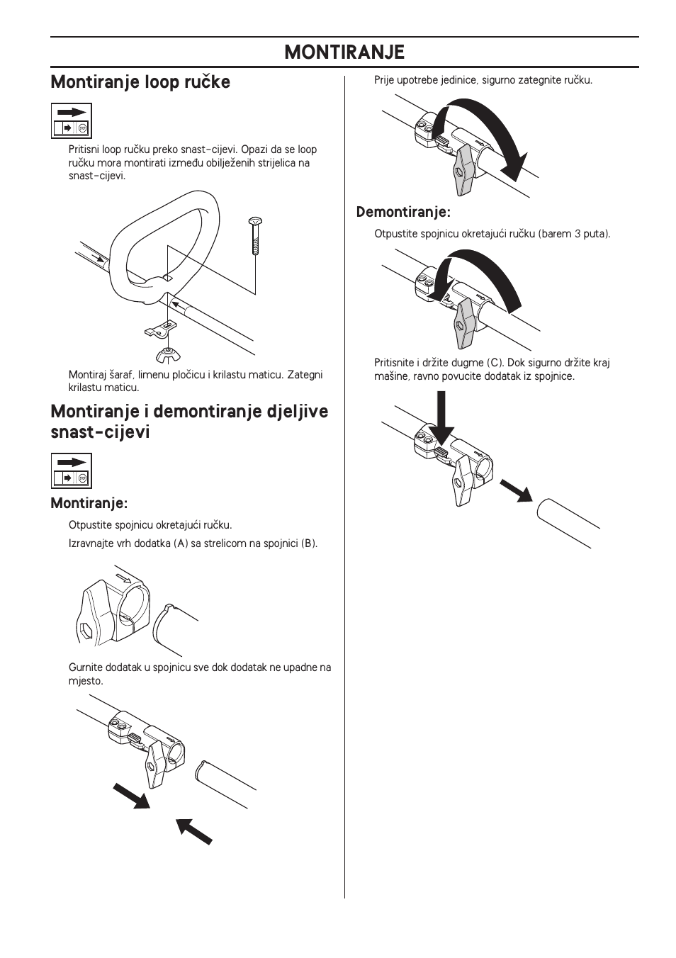 Montiranje loop ruãke, Montiranje i demontiranje djeljive snast-cijevi, Montiranje | Demontiranje | Husqvarna 122LD User Manual | Page 483 / 642