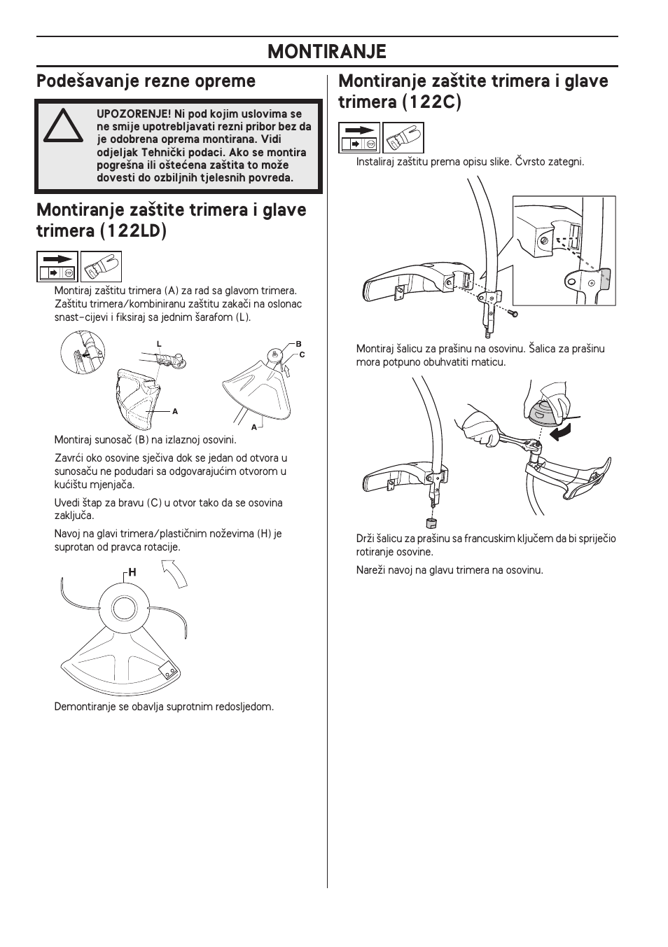 Pode‰avanje rezne opreme, Montiranje za‰tite trimera i glave trimera (122ld), Montiranje za‰tite trimera i glave trimera (122c) | Montiranje | Husqvarna 122LD User Manual | Page 484 / 642