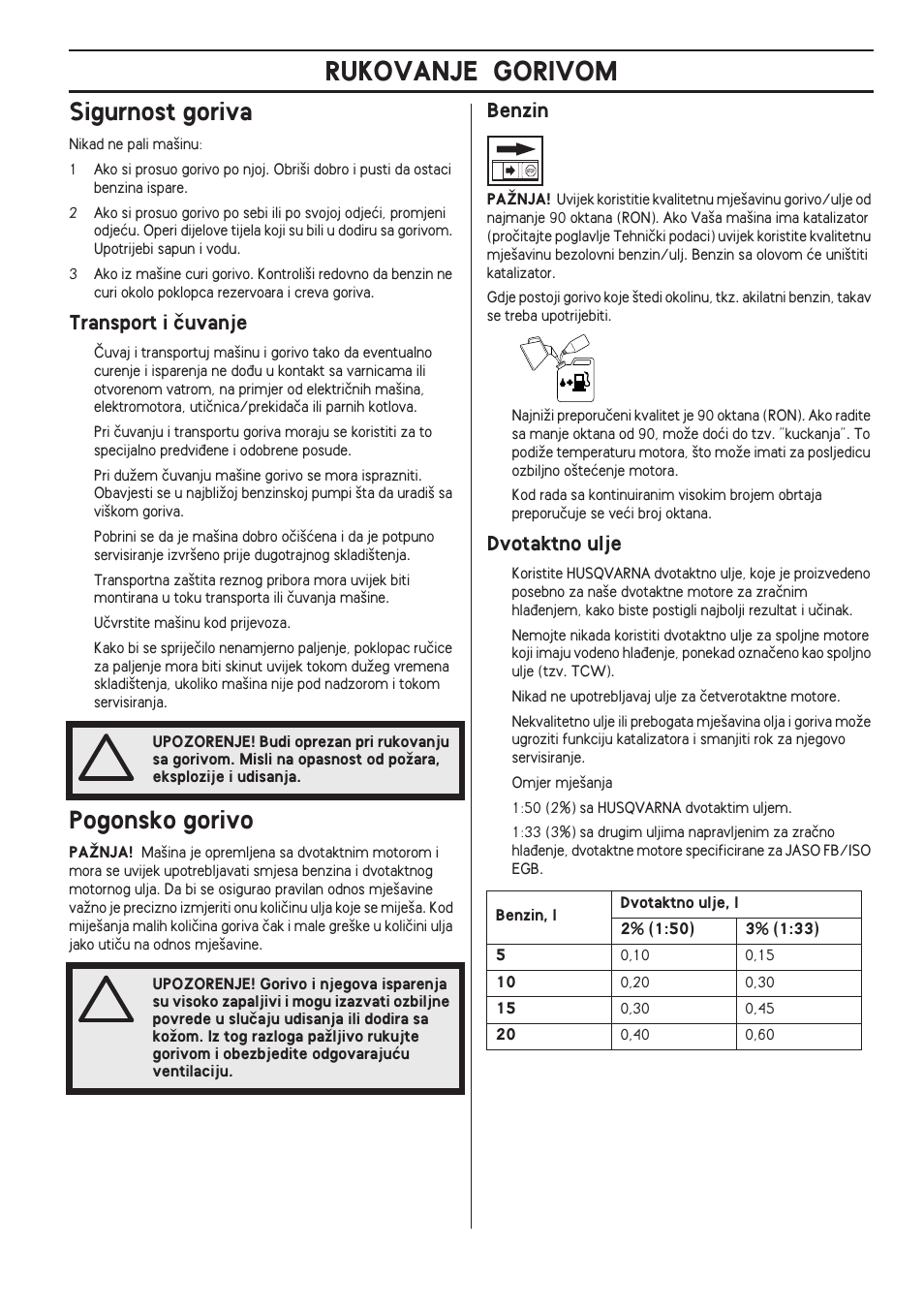 Sigurnost goriva, Transport i ãuvanje, Pogonsko gorivo | Benzin, Dvotaktno ulje, Rukovanje gorivom | Husqvarna 122LD User Manual | Page 485 / 642