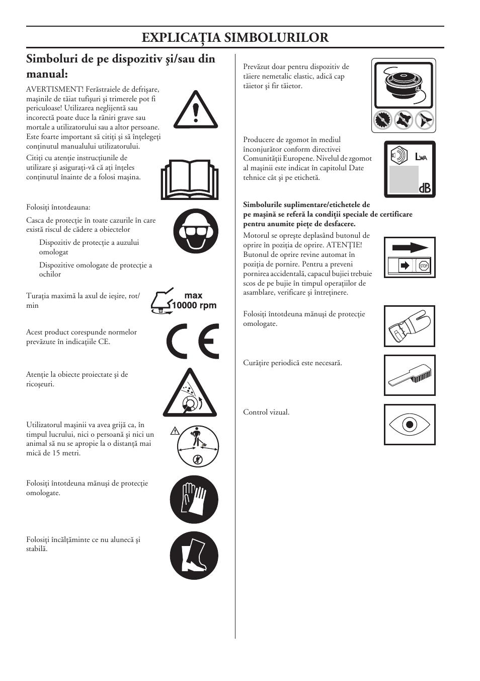 Simboluri de pe dispozitiv äi/sau din manual, Explicaöia simbolurilor | Husqvarna 122LD User Manual | Page 498 / 642