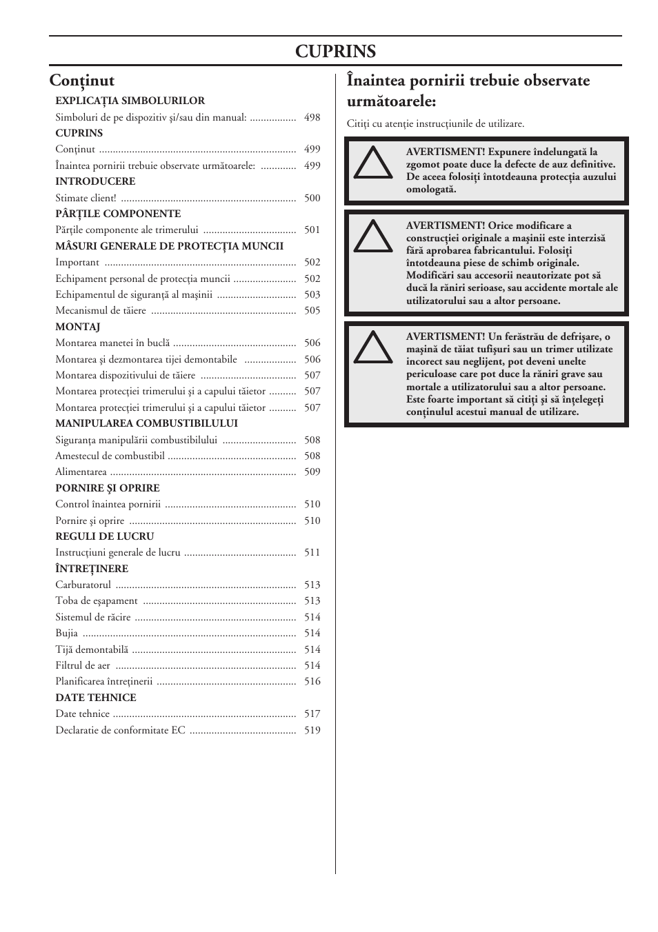 Conöinut, Înaintea pornirii trebuie observate urmãtoarele, Cuprins | Husqvarna 122LD User Manual | Page 499 / 642