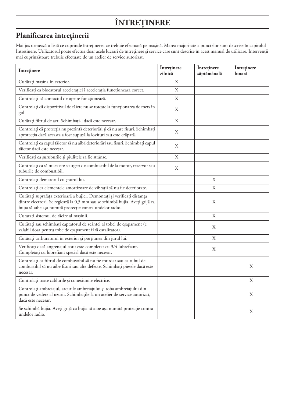 Planificarea întreöinerii, Întreöinere | Husqvarna 122LD User Manual | Page 516 / 642