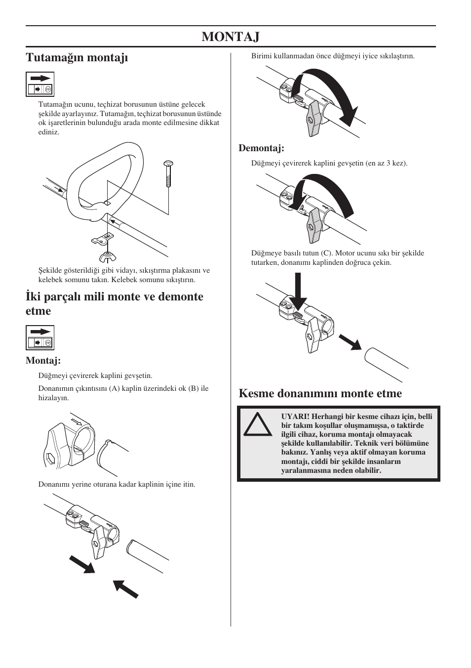 Tutama¤ın montajı, Ki parçalı mili monte ve demonte etme, Montaj | Demontaj, Kesme donanımını monte etme | Husqvarna 122LD User Manual | Page 528 / 642