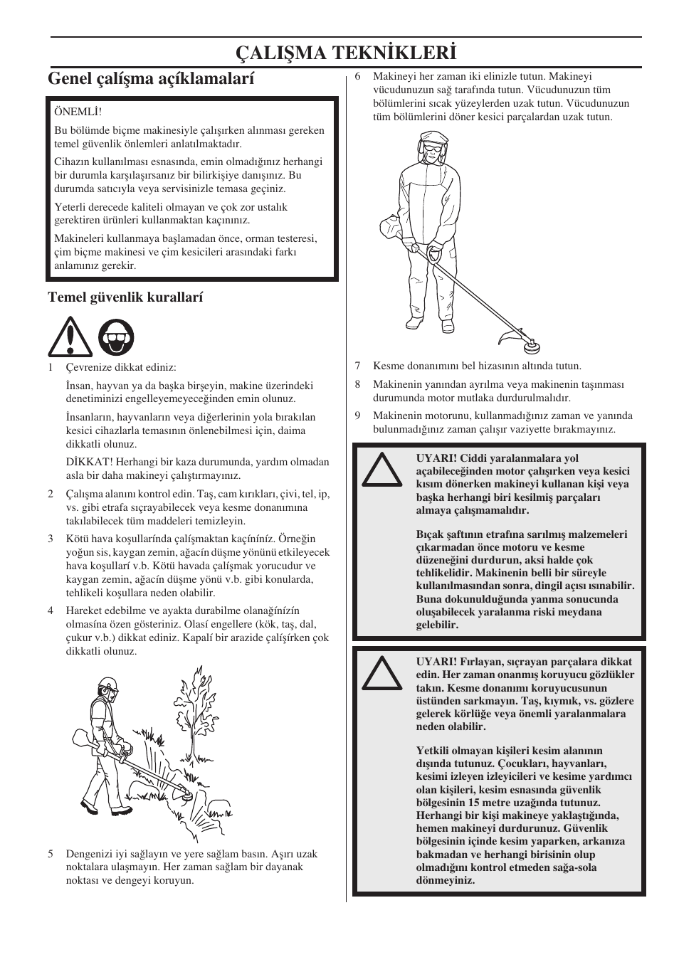 Genel çalíﬂma açíklamalarí, Temel güvenlik kurallarí, Çaliﬁma tekn‹kler | Husqvarna 122LD User Manual | Page 533 / 642