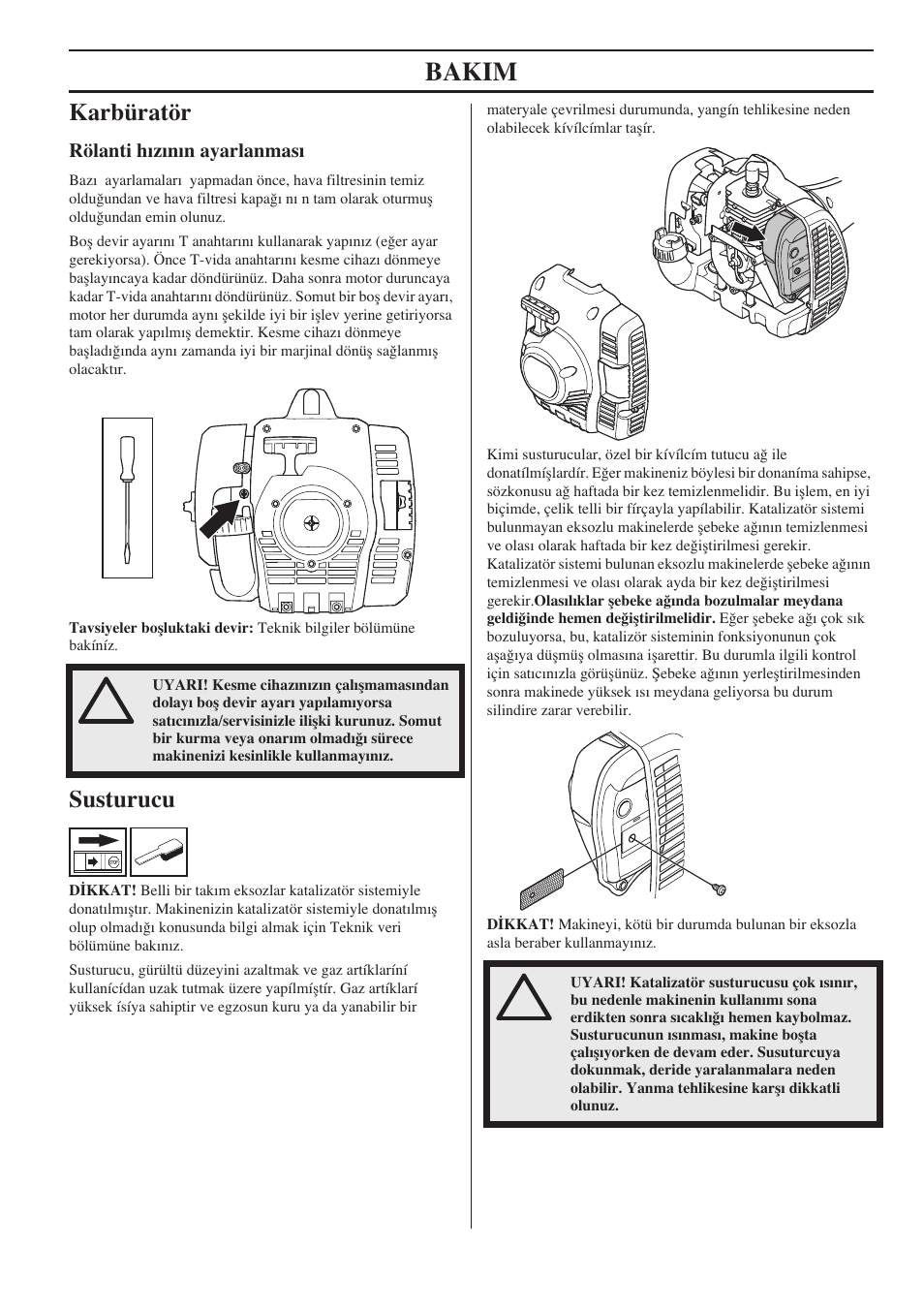 Karbüratör, Rölanti hızının ayarlanması, Susturucu | Bakim | Husqvarna 122LD User Manual | Page 535 / 642