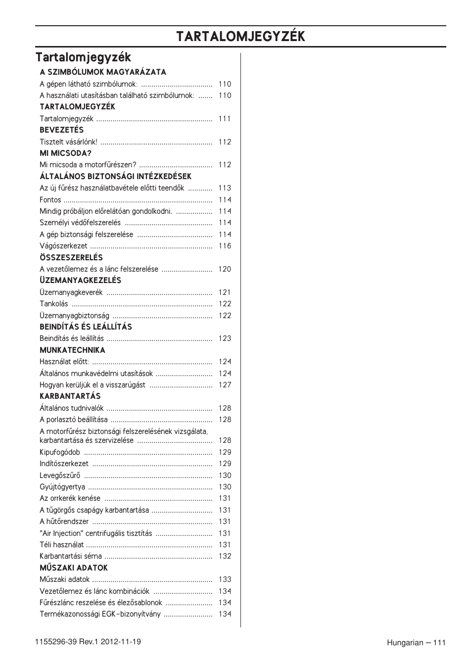 Tartalomjegyzék | Husqvarna 135E User Manual | Page 111 / 382