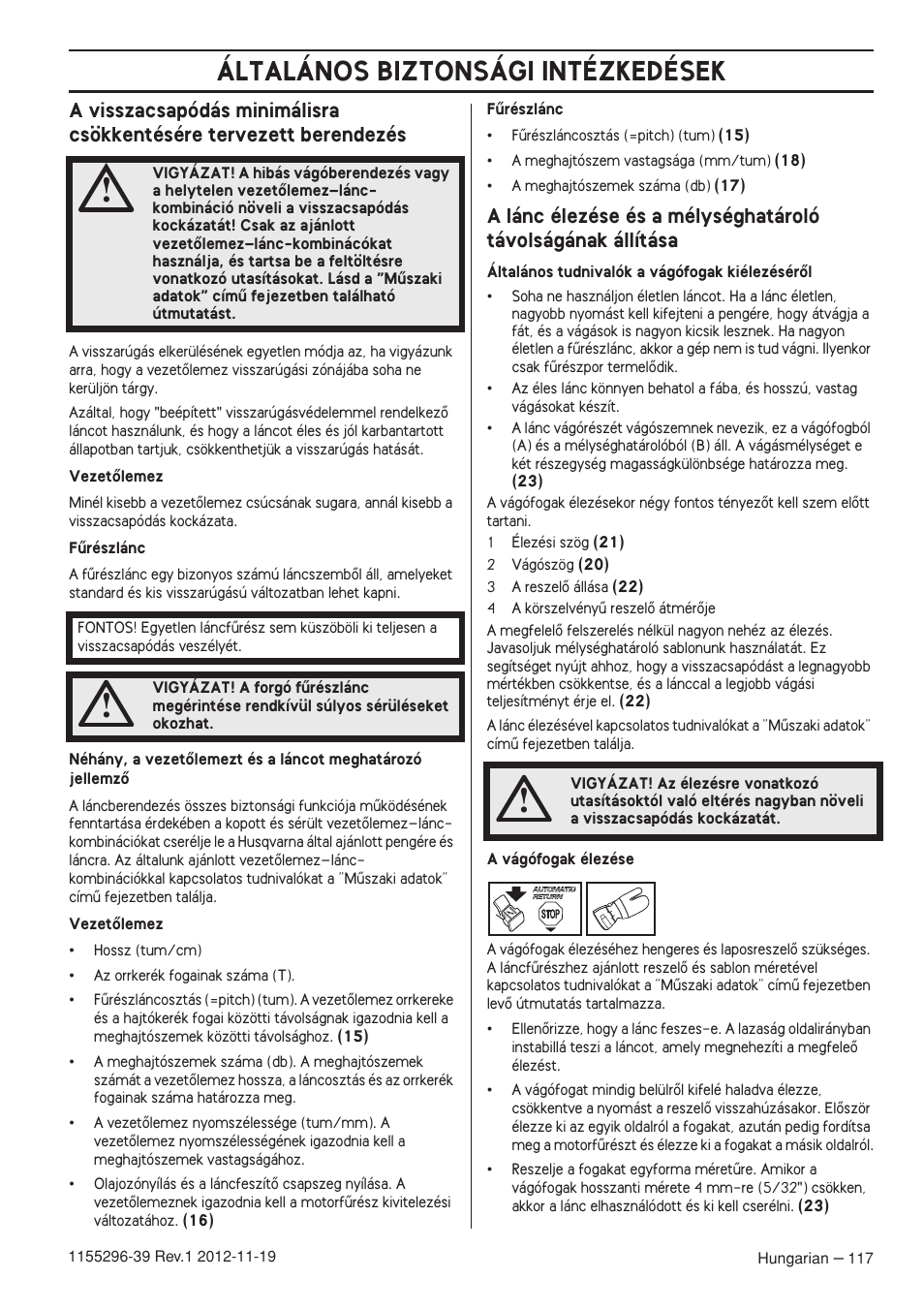 Általános biztonsági intézkedések | Husqvarna 135E User Manual | Page 117 / 382