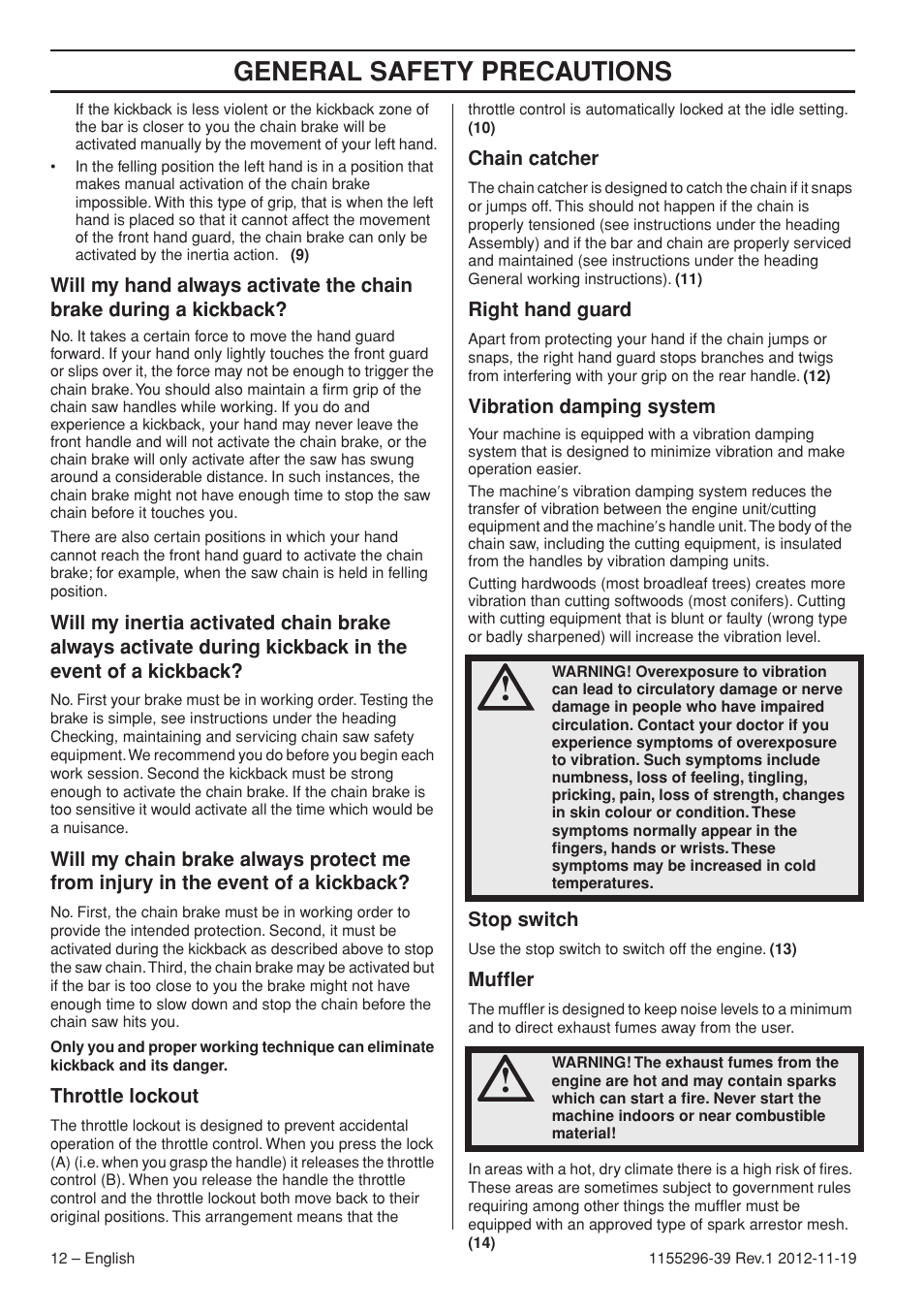 General safety precautions | Husqvarna 135E User Manual | Page 12 / 382