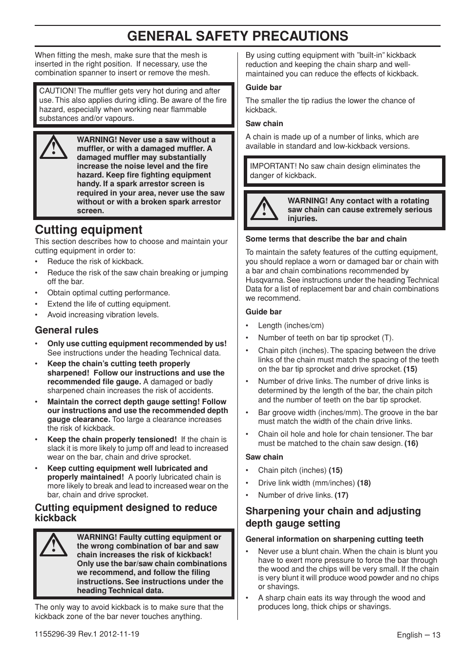 General safety precautions, Cutting equipment, General rules | Cutting equipment designed to reduce kickback | Husqvarna 135E User Manual | Page 13 / 382