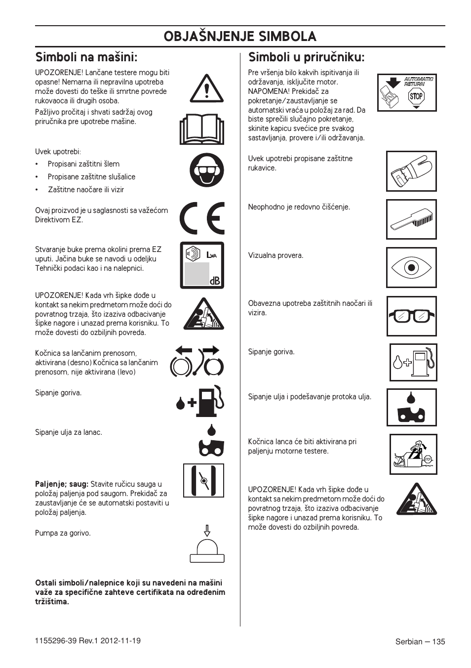 Simboli na ma‰ini, Simboli u priruãniku, Obja·njenje simbola | Husqvarna 135E User Manual | Page 135 / 382