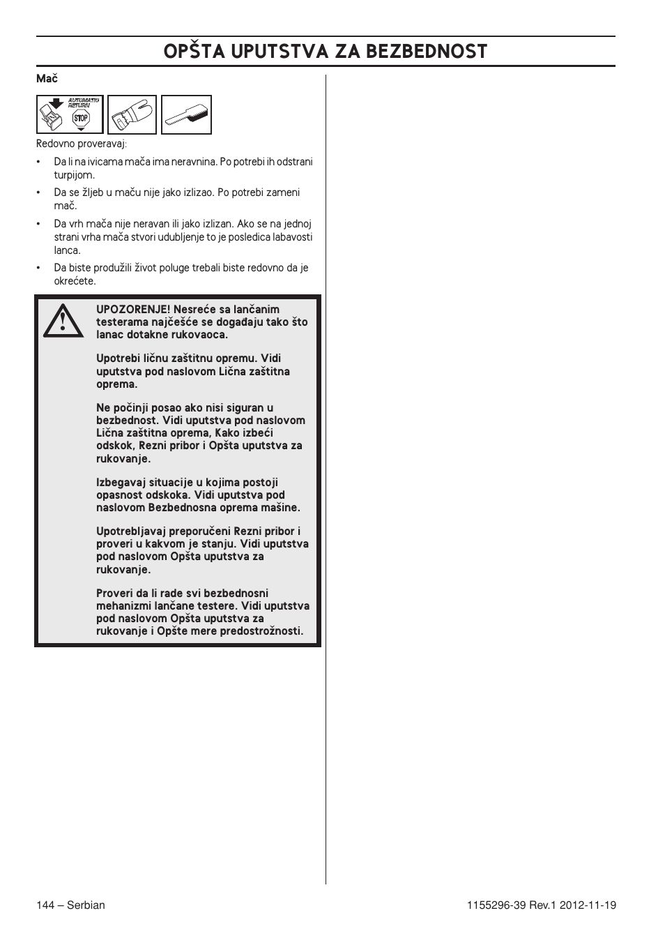 Op·ta uputstva za bezbednost | Husqvarna 135E User Manual | Page 144 / 382