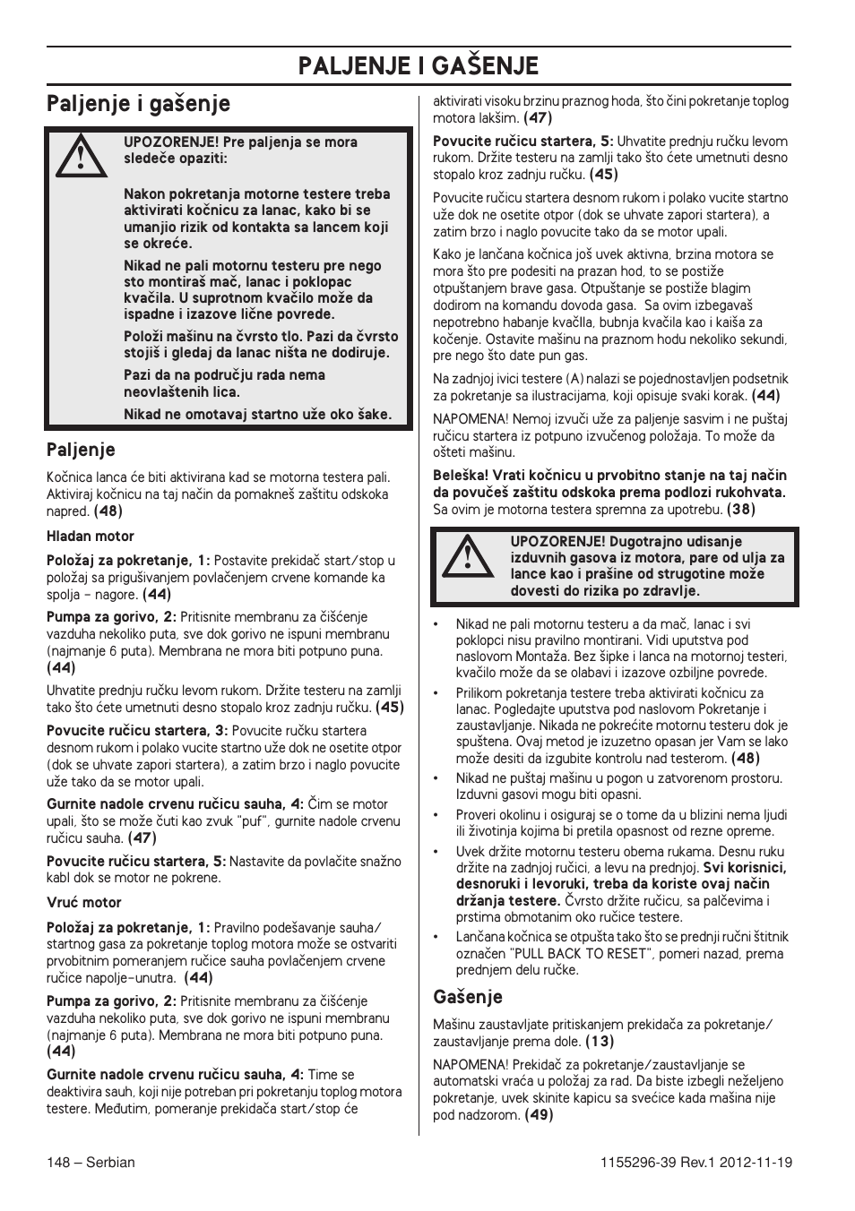 Paljenje i ga‰enje, Paljenje, Ga‰enje | Paljenje i ga·enje | Husqvarna 135E User Manual | Page 148 / 382