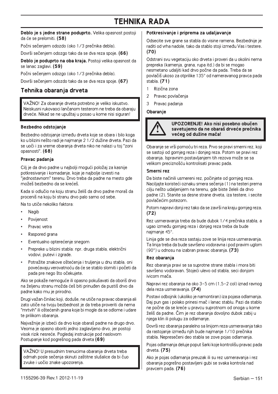 Tehnika obaranja drveta, Tehnika rada | Husqvarna 135E User Manual | Page 151 / 382
