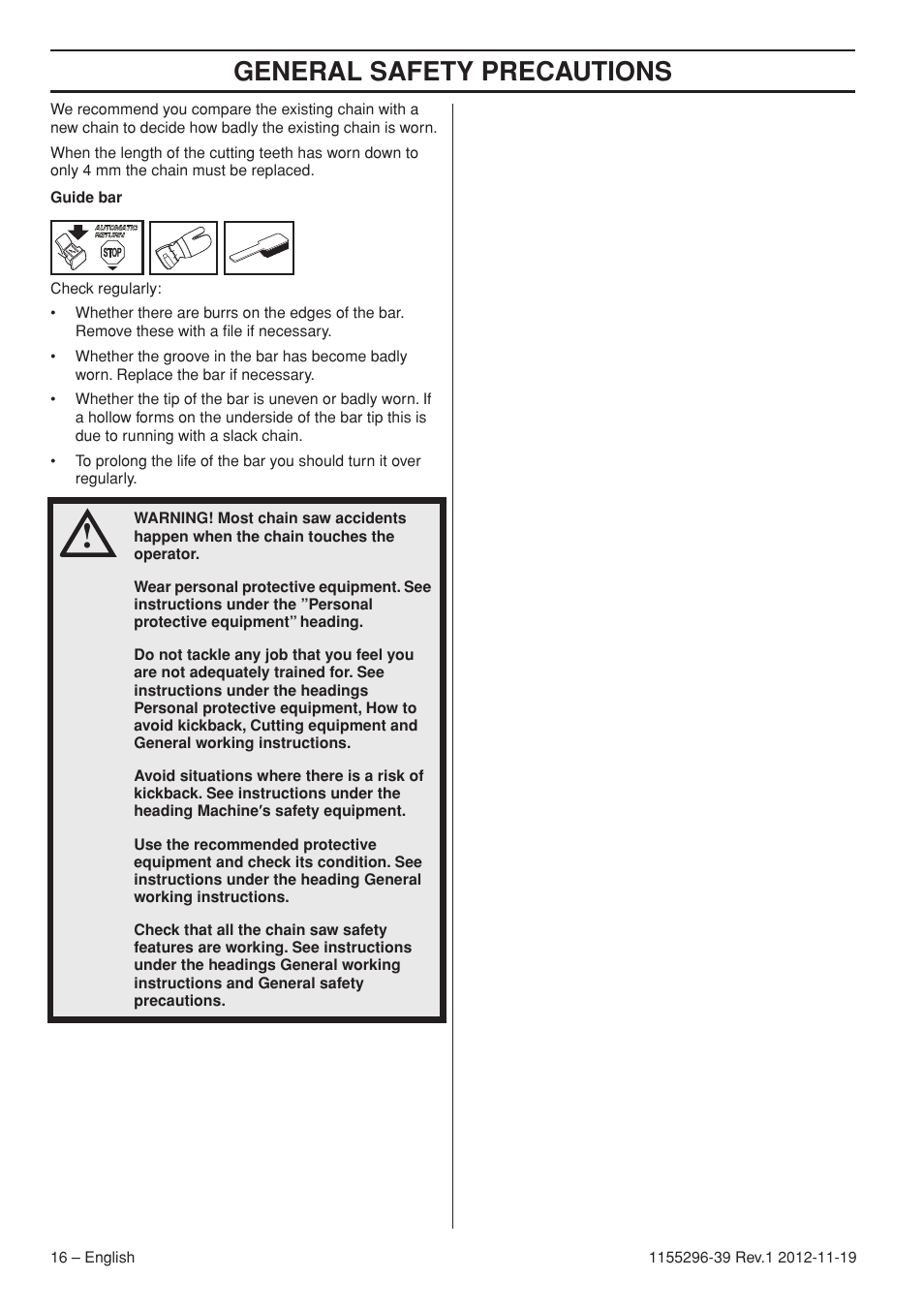 General safety precautions | Husqvarna 135E User Manual | Page 16 / 382