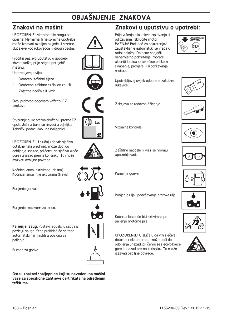 Znakovi na ma‰ini, Znakovi u uputstvu o upotrebi, Obja·njenje znakova | Husqvarna 135E User Manual | Page 160 / 382