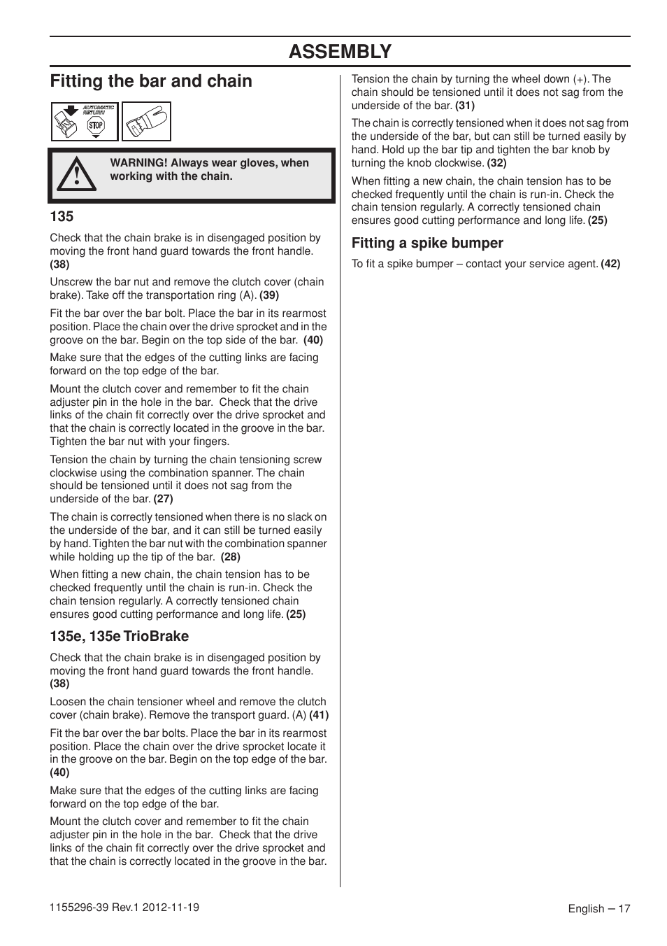 Assembly, Fitting the bar and chain | Husqvarna 135E User Manual | Page 17 / 382
