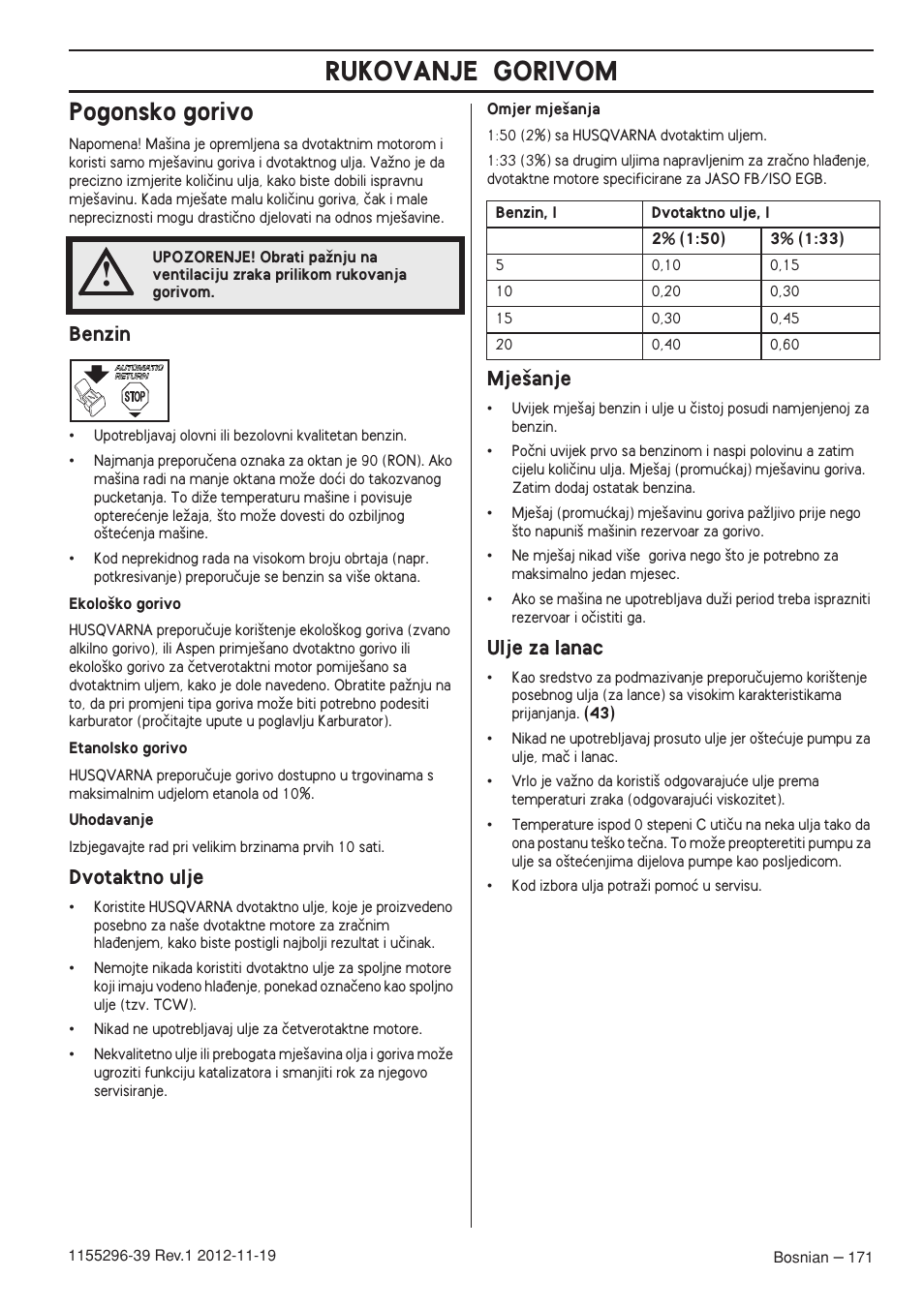 Pogonsko gorivo, Benzin, Dvotaktno ulje | Mje‰anje, Ulje za lanac, Rukovanje gorivom | Husqvarna 135E User Manual | Page 171 / 382