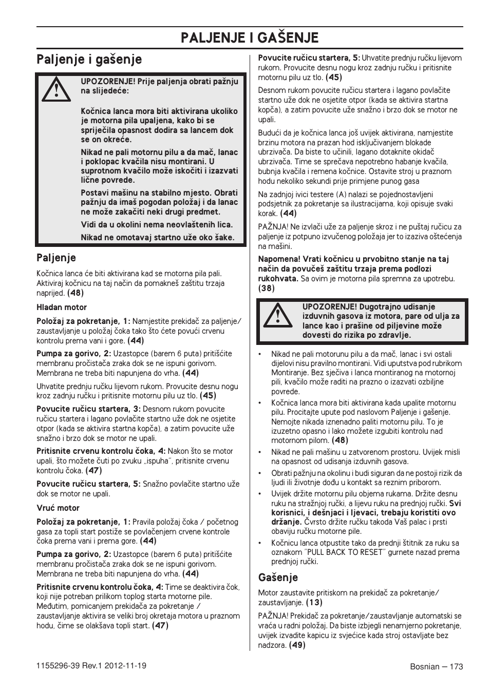 Paljenje i ga‰enje, Paljenje, Ga‰enje | Paljenje i ga·enje | Husqvarna 135E User Manual | Page 173 / 382