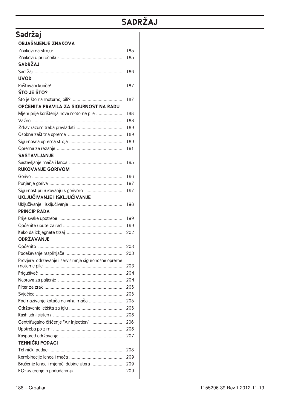 Sadrïaj, Sadrîaj | Husqvarna 135E User Manual | Page 186 / 382