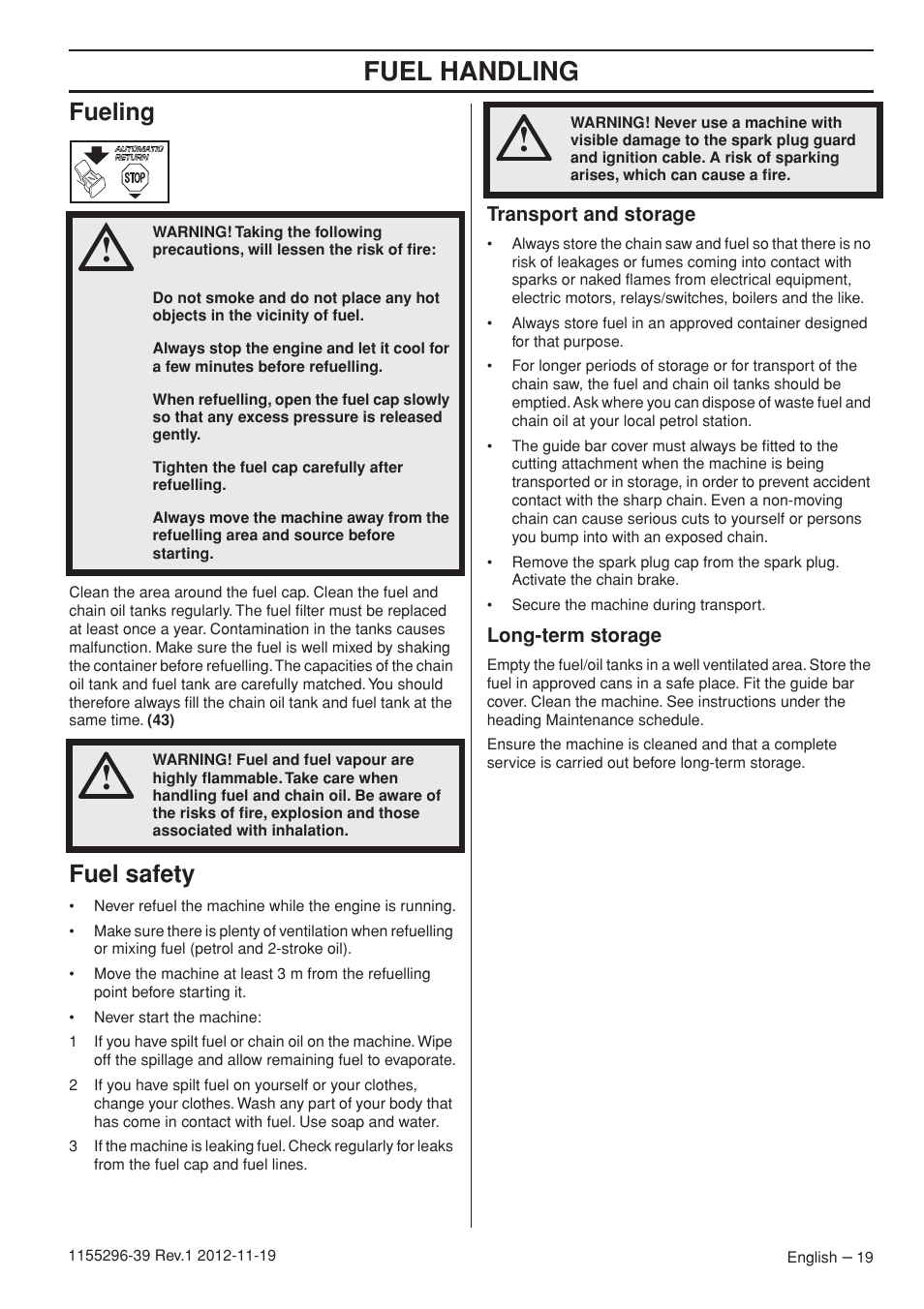 Fuel handling, Fueling, Fuel safety | Husqvarna 135E User Manual | Page 19 / 382