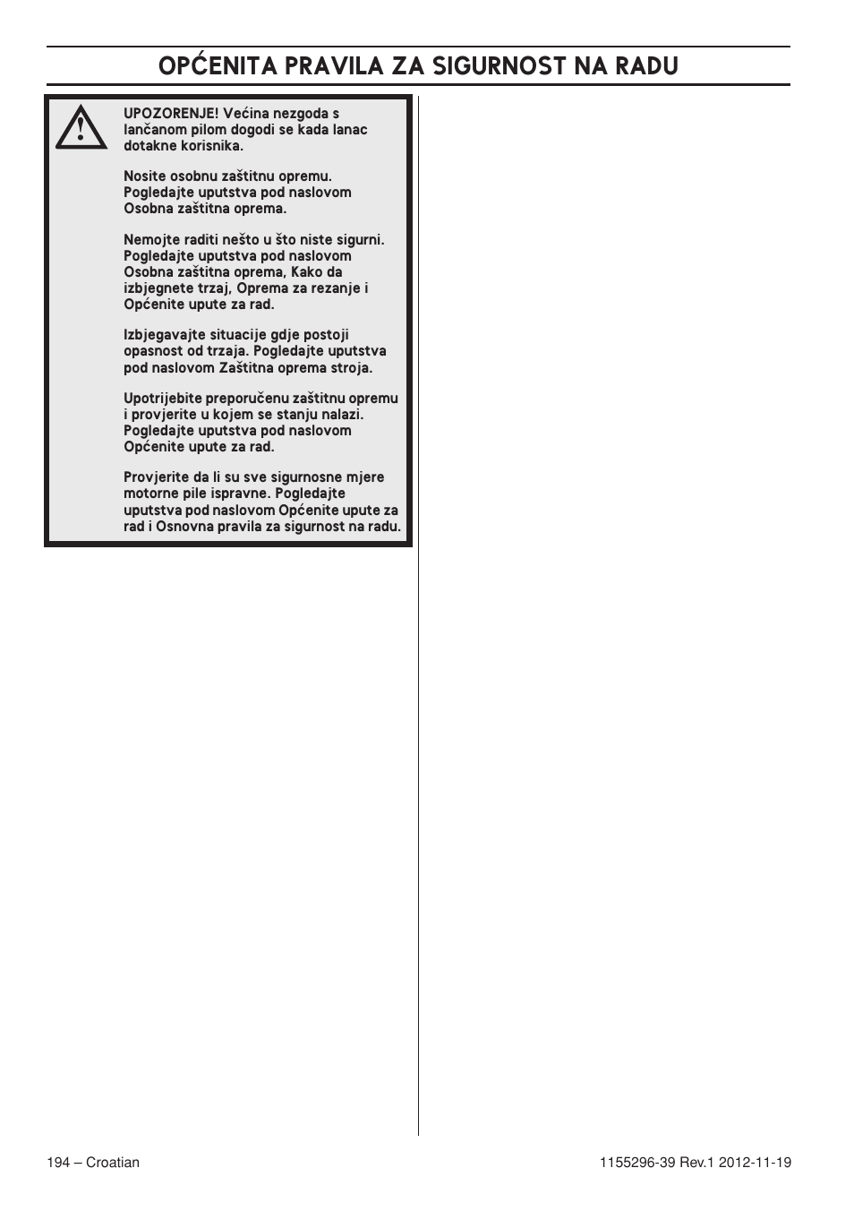 Opåenita pravila za sigurnost na radu | Husqvarna 135E User Manual | Page 194 / 382