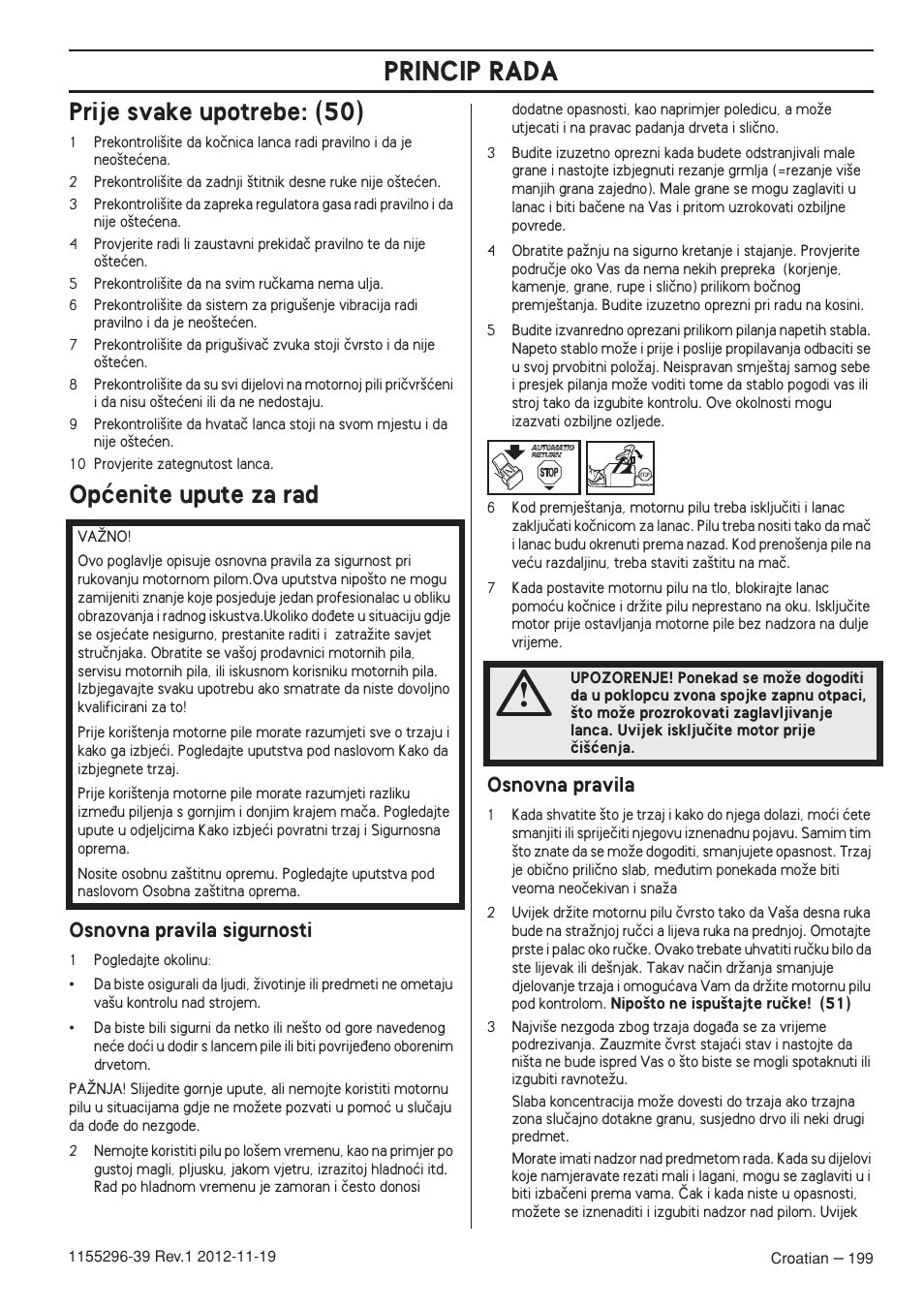 Prije svake upotrebe: (50), Opçenite upute za rad, Osnovna pravila sigurnosti | Osnovna pravila, Princip rada | Husqvarna 135E User Manual | Page 199 / 382