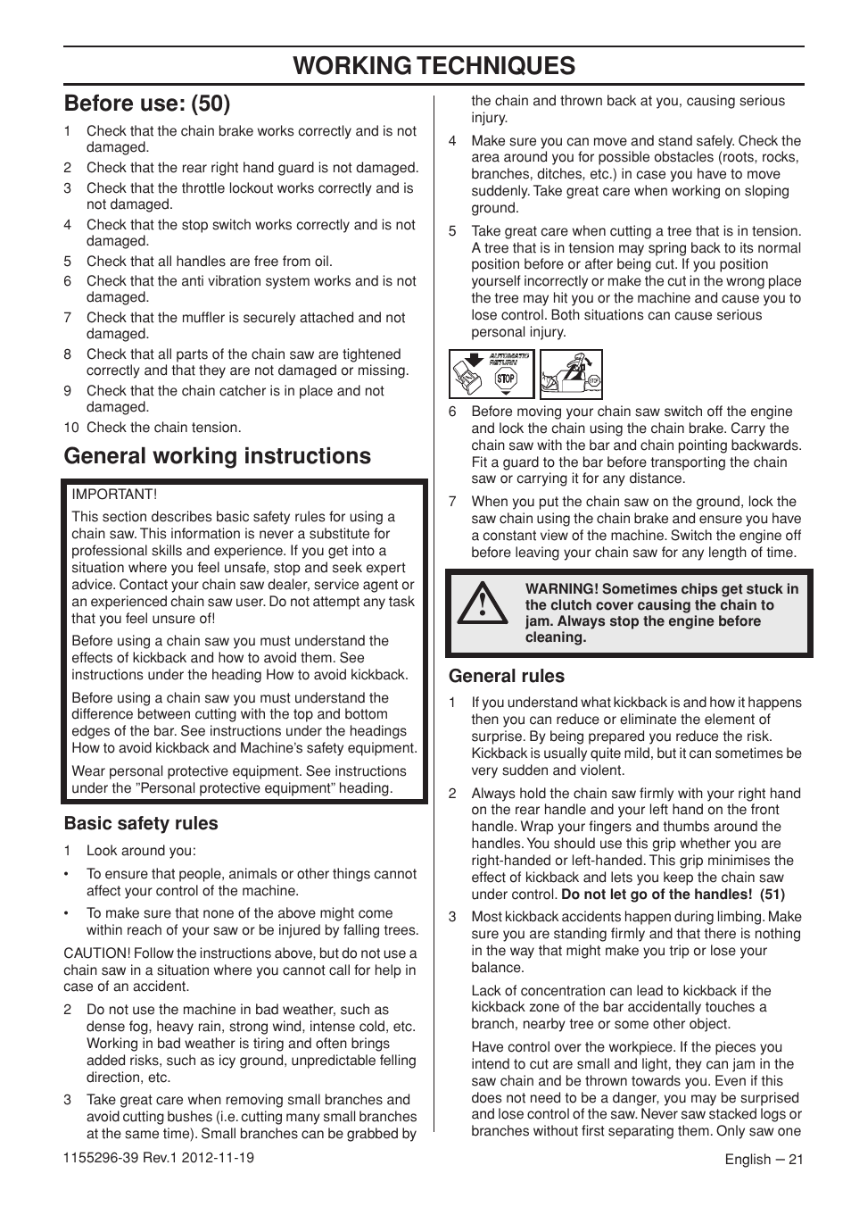 Working techniques, Before use: (50), General working instructions | Basic safety rules, General rules | Husqvarna 135E User Manual | Page 21 / 382